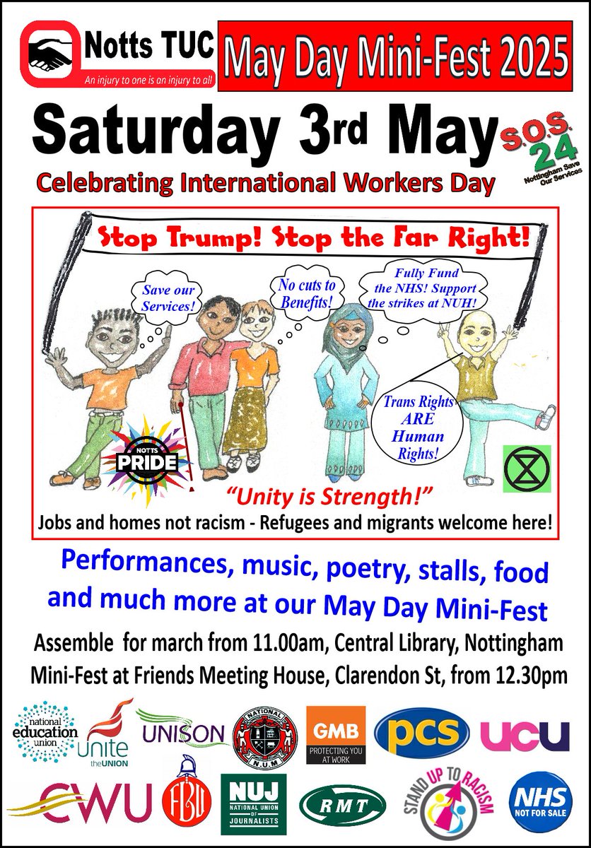 Please join us for the Notts May Day march and Mini-Fest on Saturday, 3rd May. We stand for hope against oppressors the world over. Bring union, campaign and homemade banners✊✊✊ <a href="/NEUEastMidlands/">NEU East Midlands</a> <a href="/UniteEastMids/">Unite East Midlands</a> <a href="/fbunotts/">FBU Nottinghamshire</a> <a href="/NottsUnison/">Notts Unison Branch</a> <a href="/nottmcityunison/">Nottingham City Unison</a> <a href="/UoNUCU/">University of Nottingham UCU branch</a> <a href="/TUCMidlands/">TUC Midlands</a>