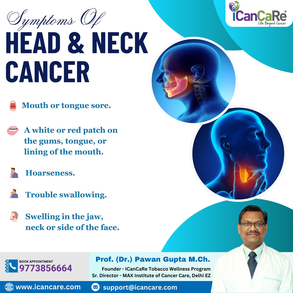 Symptoms Of HEAD &amp; NECK CANCER
Mouth or tongue sore.
A white or red patch on the gums, tongue, or lining of the mouth.
Hoarseness.
Trouble swallowing.
Swelling in the jaw, neck or side of the face.