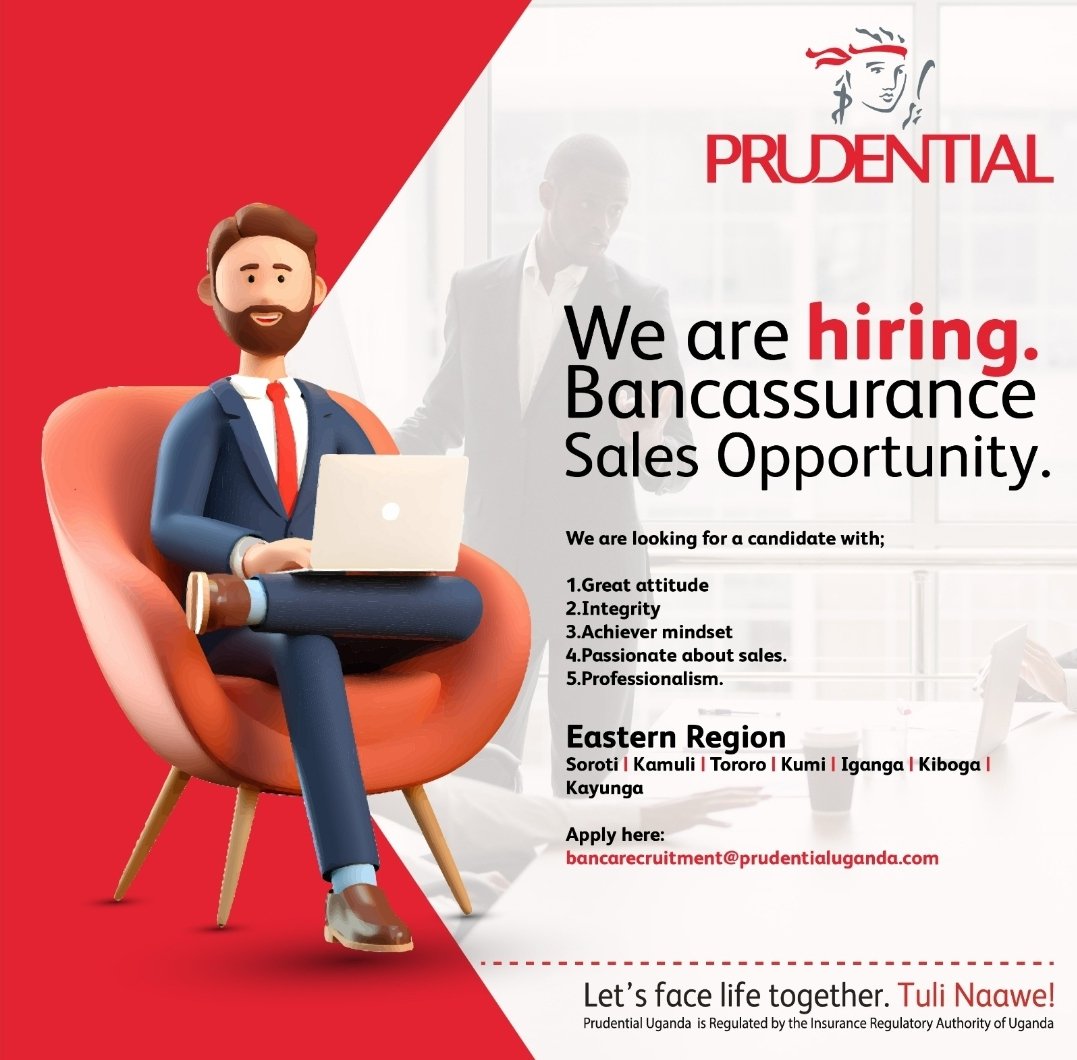 PrudentialUG's tweet image. We’re hiring across Uganda!

Are you passionate about sales, driven by integrity, and ready to grow your career with a trusted brand?

Prudential Uganda is looking for Bancassurance Sales Champions in the Northern, Western, and Eastern regions.

Step into your future.
Apply today…