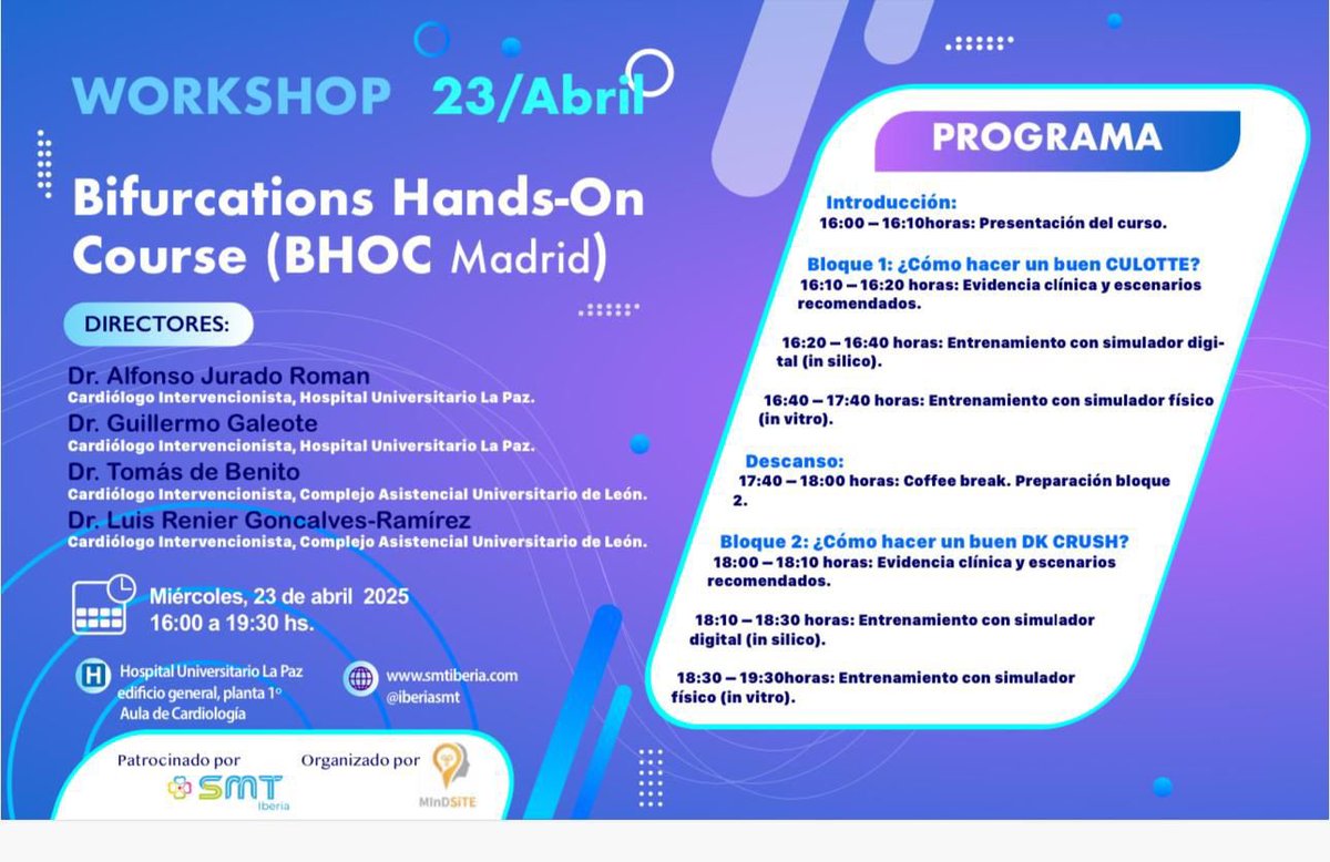 Cardiología La Paz (@cardiohulp) on Twitter photo 🙌🏼Volvemos esta semana con cursos Hands-on en <a href="/Hemodin_LaPaz/">Hemodinamica_LaPaz</a>
Este miércoles 23 de abril a las 16:00 - curso de bifurcaciones
🔧 Culotte
🔧 DK Crush
<a href="/JuradoRomanAl/">Alfonso Jurado-Román</a> <a href="/hemodin90/">Guillermo Galeote</a> junto a los compañeros de León (Dres. De Benito y Renier). Gracias a <a href="/IberiaSmt/">SMT Iberia</a> por el apoyo. 🙌🏼Volvemos esta semana con cursos Hands-on en <a href="/Hemodin_LaPaz/">Hemodinamica_LaPaz</a>
Este miércoles 23 de abril a las 16:00 - curso de bifurcaciones
🔧 Culotte
🔧 DK Crush
<a href="/JuradoRomanAl/">Alfonso Jurado-Román</a> <a href="/hemodin90/">Guillermo Galeote</a> junto a los compañeros de León (Dres. De Benito y Renier). Gracias a <a href="/IberiaSmt/">SMT Iberia</a> por el apoyo.