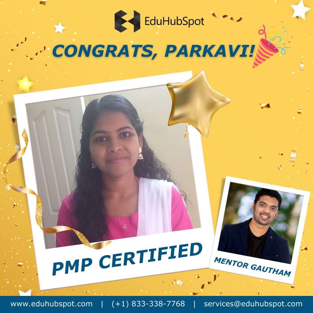 eduhubspot's tweet image. #SpotYourSuccess 🏆
 Congratulations on achieving your PMP Certification, Parkavi Sivagurunathan! You have worked hard and it has paid off. Thank you for trusting us with your journey!
 
 Mentored by : Gautham Sudakar, PMP®, PMI-ACP®
 
 eduhubspot.com

#eduhubspot