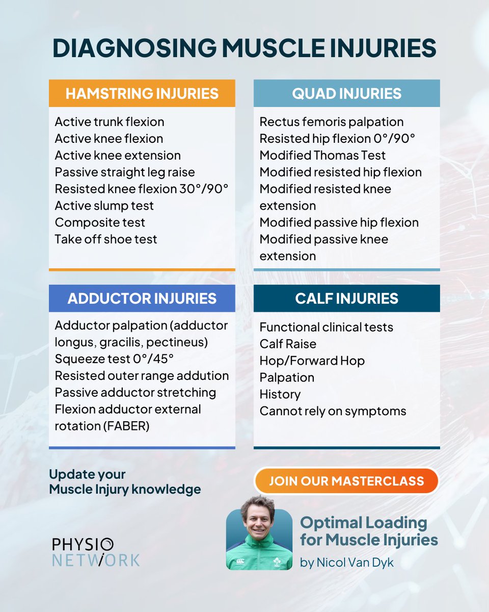 Physio Network (@physionetwork) on Twitter photo 💡 Here is a guide to clinical testing for various types of muscle injuries.
🍿 In our Masterclass, <a href="/NicolvanDyk/">Nicol van Dyk</a> breaks down how to assess muscle injuries and rehab them back to full function!
💻 Watch the full Masterclass with a 7-day FREE trial:
🔗 physio.network/musclemastercl… 💡 Here is a guide to clinical testing for various types of muscle injuries.
🍿 In our Masterclass, <a href="/NicolvanDyk/">Nicol van Dyk</a> breaks down how to assess muscle injuries and rehab them back to full function!
💻 Watch the full Masterclass with a 7-day FREE trial:
🔗 physio.network/musclemastercl…