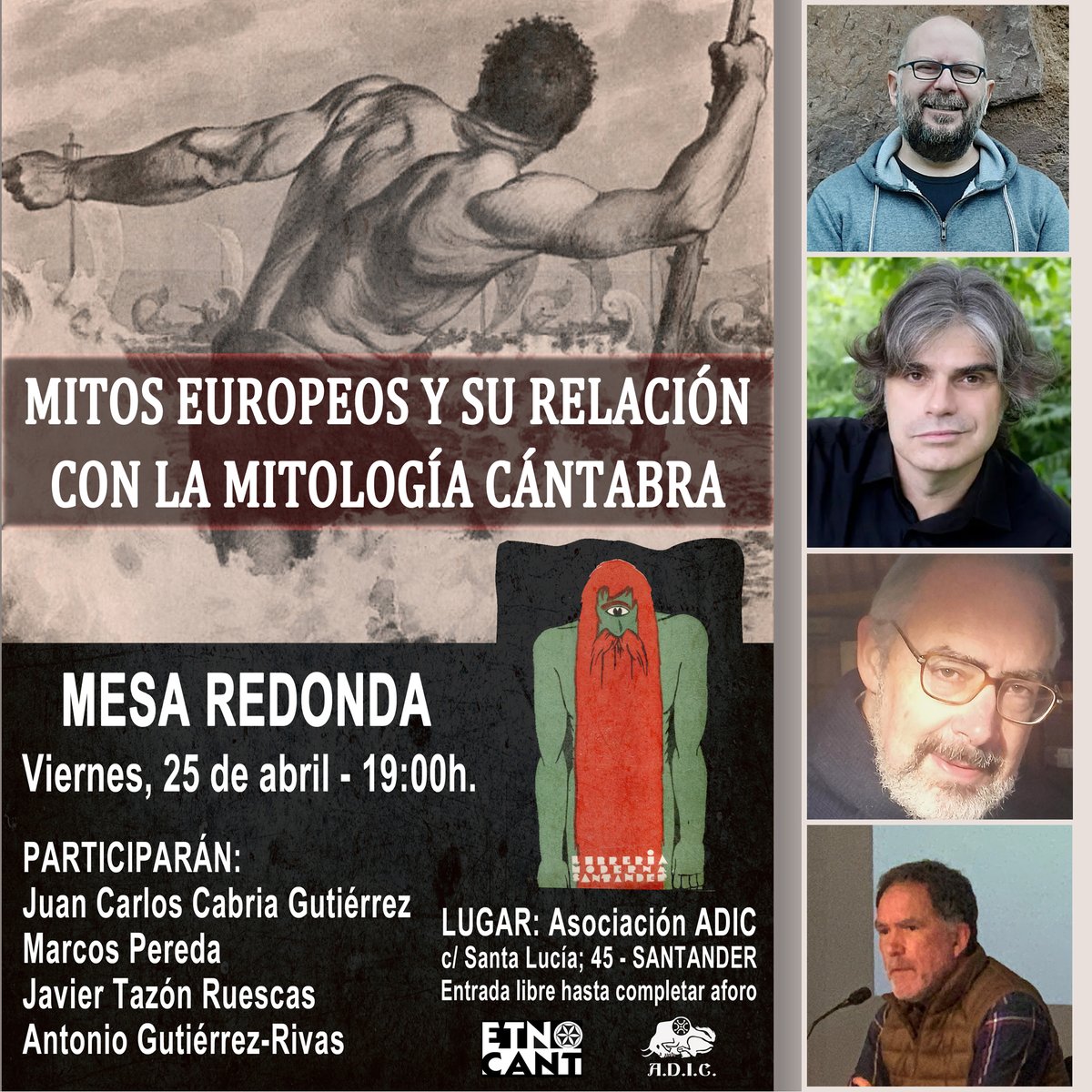 La sede de la asociación ADIC en Santander acoge este viernes, 25 de abril, la mesa redonda de debate con el título de “Mitos europeos y su relación con la Mitología cántabra”. El evento comenzará a partir de las 19:00 h, con entrada libre, y está también organizado por <a href="/Etnocant/">EtnoCant</a>