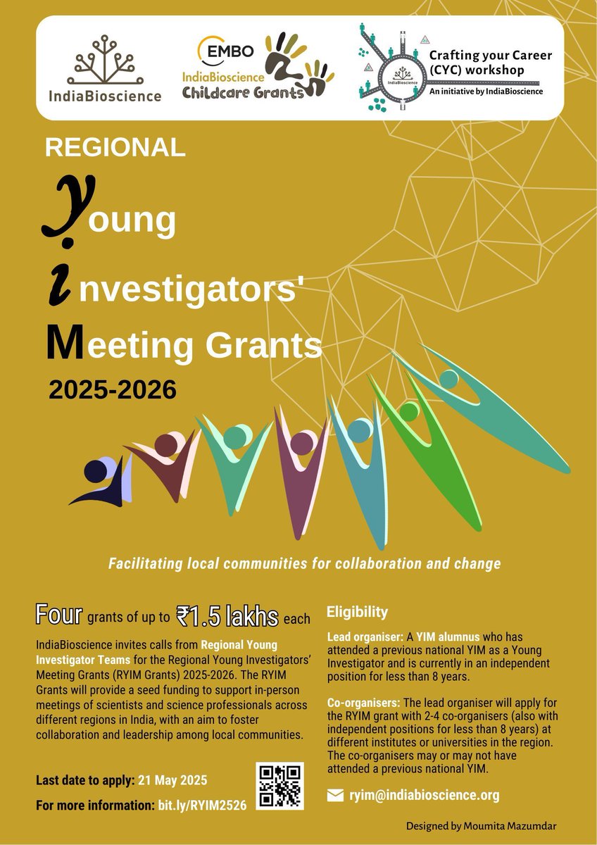 IndiaBioscience.org (@indiabioscience) on Twitter photo 🚨 Attention #YoungInvestigators!
IndiaBioscience is excited to announce the Regional Young Investigators’ Meeting (RYIM) Grants 2025–2026! 
📅 Applications open: 21 April 2025
⏳ Deadline: 21 May 2025 (11:59 PM IST)
🔗 For more details and to apply: bit.ly/RYIM2526 🚨 Attention #YoungInvestigators!
IndiaBioscience is excited to announce the Regional Young Investigators’ Meeting (RYIM) Grants 2025–2026! 
📅 Applications open: 21 April 2025
⏳ Deadline: 21 May 2025 (11:59 PM IST)
🔗 For more details and to apply: bit.ly/RYIM2526