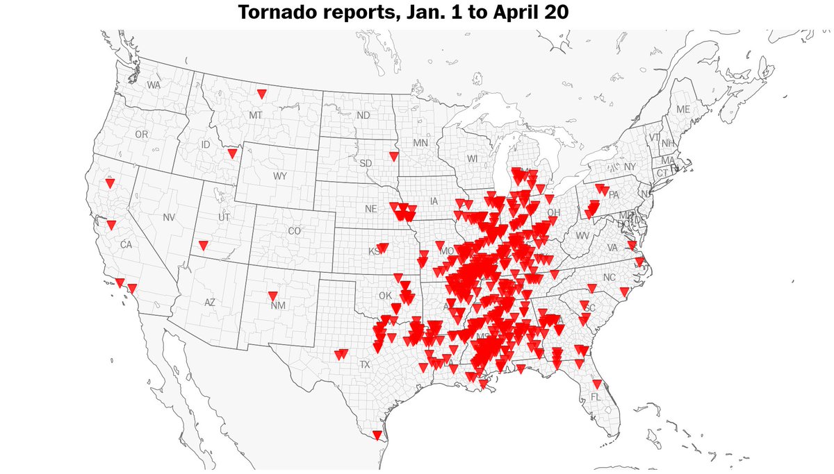 There have been 571 tornadoes reported across the United States so far this year, about 50 percent more than normal.

Top tornado counts: 95, Mississippi; 59, Missouri; 58, Illinois; 49, Alabama; 43, Indiana; 35, Arkansas; 35, Texas; 31, Kentucky; 25, Tennessee and 22, Georgia.