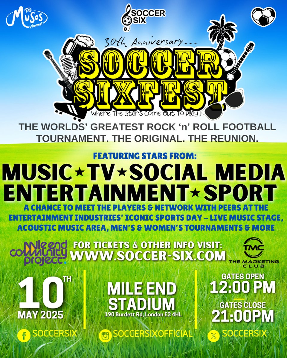 Soccer Six (@soccersix) on Twitter photo Music Industry #SoccerSixFest
Saturday 10th May
Music/TV/Sport⚽️🎶
confirmed include <a href="/This_Feeling/">This Feeling</a> <a href="/pentireband/">Pentire</a> <a href="/EmergencyBreak_/">EMERGENCY BREAK</a> <a href="/louschofieldtv/">Louise Schofield</a> <a href="/breezeisaband/">Breeze</a>, Takaloo Takaloo
instagram.com/p/DIq_HHRIoqS/…
The ticket link is in our bio Music Industry #SoccerSixFest
Saturday 10th May
Music/TV/Sport⚽️🎶
confirmed include <a href="/This_Feeling/">This Feeling</a> <a href="/pentireband/">Pentire</a> <a href="/EmergencyBreak_/">EMERGENCY BREAK</a> <a href="/louschofieldtv/">Louise Schofield</a> <a href="/breezeisaband/">Breeze</a>, Takaloo Takaloo
instagram.com/p/DIq_HHRIoqS/…
The ticket link is in our bio