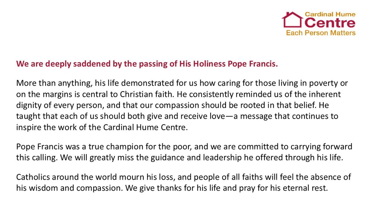 A personal statement on behalf of everyone <a href="/CardinalHumeCHC/">Cardinal Hume Centre</a> on today’s sad news.