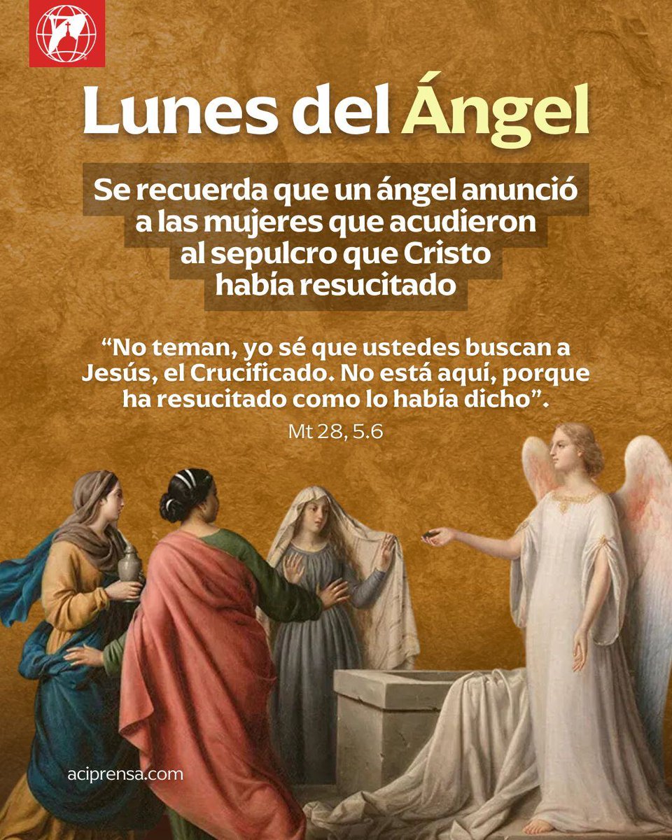 aciprensa's tweet photo. Hoy, 21 de abril, segundo día de la Octava de Pascua, la Iglesia celebra el ‘Lunes del Ángel’, llamado así para que ningún cristiano olvide que fue un ángel el encargado de anunciar que Cristo había resucitado.

Un ángel fue el que dijo a las mujeres llegadas al sepulcro que Cristo ya no debía ser contado más entre los muertos: “¿Por qué buscan entre los muertos al que está vivo? No está aquí, ha resucitado” (Lc 24, 5-6).

Considerando que cada detalle en torno a la Resurrección del Señor está repleto de sentido, no podemos sino darle gracias a Dios por enviarnos mensajeros, sus ángeles, para anunciar las grandezas de la salvación. Es a través de ellos como los hombres hemos conocido importantes acontecimientos y aspectos de la providencia amorosa del Creador.

La palabra ‘ángel’ procede del latín angĕlus, transliteración del griego ἄγγελος [ángelos], que quiere decir “mensajero”.

¿Por qué ‘Lunes del Ángel’?

Las razones son varias. Para empezar, este día puede ser una ocasión para recordar al querido San Juan Pablo II, quien el 4 de abril de 1994, lunes de la Octava de Pascua de aquel año, reflexionó sobre el sentido de esta conmemoración y su raíz teológica. En su alocución, tras el rezo del Regina Coeli, el Papa Santo dijo:

«¿Por qué se le llama así? Me parece que es acertado ese nombre: ‘Lunes del Ángel’. Conviene dejar un poco de espacio a este ángel, que dijo desde lo más profundo del sepulcro: “Ha resucitado”... Estas palabras —Ha resucitado— eran muy difíciles de pronunciar, de expresar, para una persona humana. También las mujeres que fueron al sepulcro lo encontraron vacío, pero no pudieron decir: Ha resucitado, sólo afirmaron que el sepulcro estaba vacío. El ángel dice más: “No está aquí, ha resucitado”».

El Evangelio de San Mateo es la fuente de donde San Juan Pablo II toma las palabras del ángel del Señor y que reproduce en su discurso. Dice el evangelista:

«El ángel tomó la palabra y les dijo a las mujeres: “Vosotras no tengáis miedo; ya sé que buscáis a Jesús, el crucificado. No está aquí, porque ha resucitado como había dicho. Venid a ver el sitio donde estaba puesto. Marchad enseguida y decid a sus discípulos que ha resucitado de entre los muertos; irá delante de vosotros a Galilea: allí le veréis. Mirad que os lo he dicho”» (Mt 28, 5-7).

Finalmente, un Lunes del Ángel es propicio para profundizar en la sabiduría de Dios que ha dispuesto que sus ángeles sean mediadores entre Él y cada uno de nosotros. Los ángeles custodian, advierten y comunican los dones de Dios en el día a día de nuestras vidas.

Es importante recordar que los ángeles son servidores y mensajeros de Dios. Como criaturas puramente espirituales, tienen inteligencia y voluntad. Son seres personales e inmortales; carecen de corporalidad y, por estar en presencia de Dios eternamente, superan en perfección a todas las criaturas visibles.

Cristo es el centro y cabeza de los ángeles y estos le obedecen porque aman la voluntad de Dios. Por eso, Dios les encomendó el anuncio de sus designios salvíficos. Es importante saber que la Escritura y la Tradición bastan para entender el papel de los ángeles y que es indispensable evitar deformaciones sobre su naturaleza y misión que vienen de visiones ajenas al cristianismo, como en el caso de la llamada ‘nueva era’. En el paganismo o en las distintas formas de sincretismo los ángeles aparecen como seres subordinados a los intereses o deseos humanos, más que a la voluntad de Dios.

Desde hoy hasta el final de la cincuentena de Pascua, el día de Pentecostés, se reza la oración del Regina Coeli [Reina del Cielo] en lugar del Ángelus. De manera semejante, vale decir, al concluir el rezo del Santo Rosario, podemos reemplazar la Salve por esta misma oración.

En el año 2009, el Papa Benedicto XVI recordaba que el “Alégrate, María” pronunciado por el ángel resuena como una invitación a la alegría: “Gaude et laetare, Virgo Maria, alleluia, quia surrexit Dominus vere, alleluia”, es decir: “Alégrate y regocíjate, Virgen María, aleluya, porque verdaderamente el Señor ha resucitado, aleluya”.

Regina Coeli

Reina del cielo alégrate; aleluya. 
Porque el Señor a quien has merecido llevar; aleluya. 
Ha resucitado según su palabra; aleluya. 
Ruega al Señor por nosotros; aleluya. 
Gózate y alégrate, Virgen María; aleluya.
Porque verdaderamente ha resucitado el Señor; aleluya.

Oremos
Oh Dios, que en la gloriosa resurrección de tu Hijo has devuelto la alegría al mundo entero, por intercesión de la Virgen María, concédenos disfrutar de la alegría de la vida eterna. Por Cristo, Nuestro Señor. Amén.