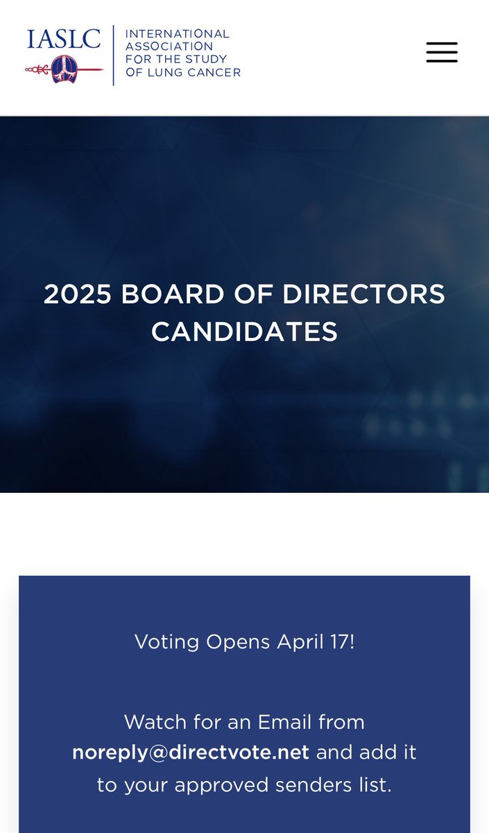Jarushka Naidoo (@drjnaidoo) on Twitter photo Congrats all shortlisted for <a href="/IASLC/">IASLC</a> Board election, including
President
- <a href="/DrAlexAdjei/">Alex A. Adjei</a>
Undesignated seats
- <a href="/HendriksLizza/">Lizza Hendriks</a> <a href="/ElinardouHelena/">Helena Linardou</a> <a href="/IsaOpitz/">Isabelle Opitz</a>
- <a href="/triparnasen/">Triparna Sen (Sen-Lab)</a>
- <a href="/NarjustFlorezMD/">Narjust Florez, MD, FASCO</a> <a href="/NaglaAKarimMD/">Dr. Nagla Abdel Karim</a>
- <a href="/HHorinouchi/">Hidehito HORINOUCHI</a> <a href="/ns_chd/">Navneet Singh</a>
- <a href="/LuciaViola9/">Lucia Viola MD</a> <a href="/LealTiciana/">Ticiana Batista (Leal)</a>
This will be hard!#LCSM Congrats all shortlisted for <a href="/IASLC/">IASLC</a> Board election, including
President
- <a href="/DrAlexAdjei/">Alex A. Adjei</a>
Undesignated seats
- <a href="/HendriksLizza/">Lizza Hendriks</a> <a href="/ElinardouHelena/">Helena Linardou</a> <a href="/IsaOpitz/">Isabelle Opitz</a>
- <a href="/triparnasen/">Triparna Sen (Sen-Lab)</a>
- <a href="/NarjustFlorezMD/">Narjust Florez, MD, FASCO</a> <a href="/NaglaAKarimMD/">Dr. Nagla Abdel Karim</a>
- <a href="/HHorinouchi/">Hidehito HORINOUCHI</a> <a href="/ns_chd/">Navneet Singh</a>
- <a href="/LuciaViola9/">Lucia Viola MD</a> <a href="/LealTiciana/">Ticiana Batista (Leal)</a>
This will be hard!#LCSM