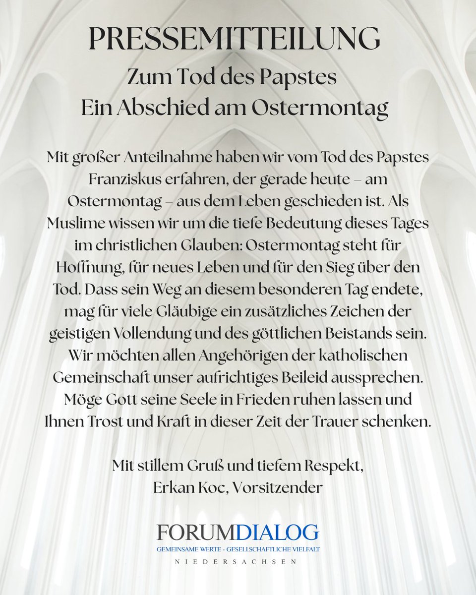 ForumDialogNI's tweet image. PRESSEMITTEILUNG
 Zum Tod des Papstes – Ein Abschied am Ostermontag #papstfranziskus
