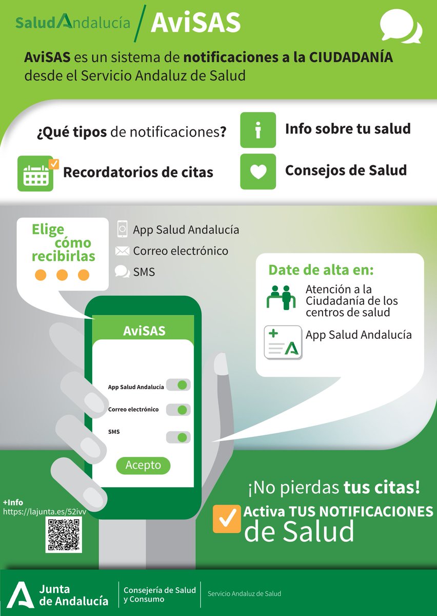 📲 ¿Aún no te has suscrito a AviSAS?
Mañana, 22 de ABRIL, nuestros centros de salud y hospitales contarán con puntos informativos donde te ayudaremos a darte de alta de forma rápida y segura. 💬#AviSAS #SaludAndalucía #SAS #AtenciónSanitaria #TuSaludImporta #AGSSCercadeTí