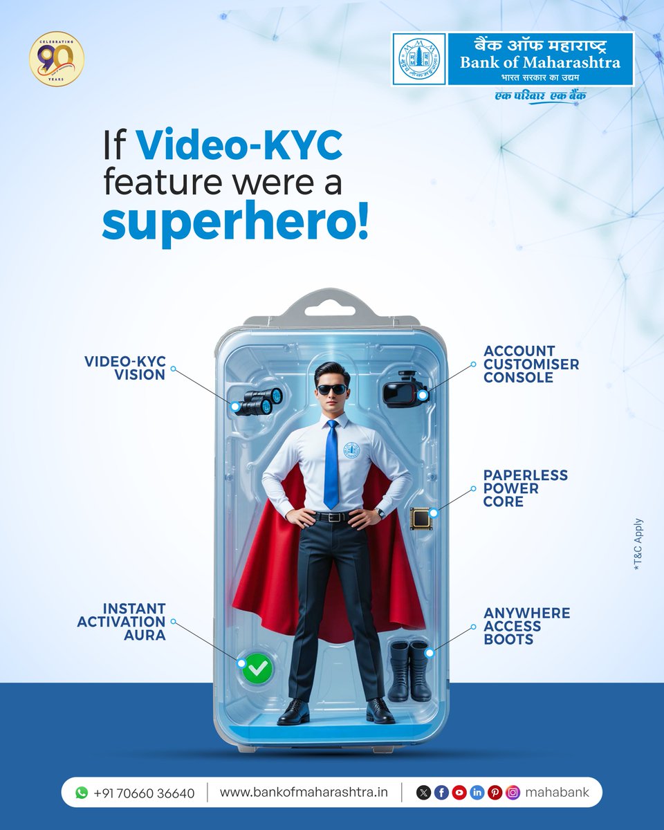 mahabank's tweet photo. If the Video-KYC feature had a superhero form, this would be it. Experience the future of convenient banking with Bank of Maharashtra’s Video-KYC and make your first move the smartest one. Now available on Sundays and Holidays, open now!
#BoMTurns90 #VideoKYC #VKYC https://t.co/UZq9dSAKOL