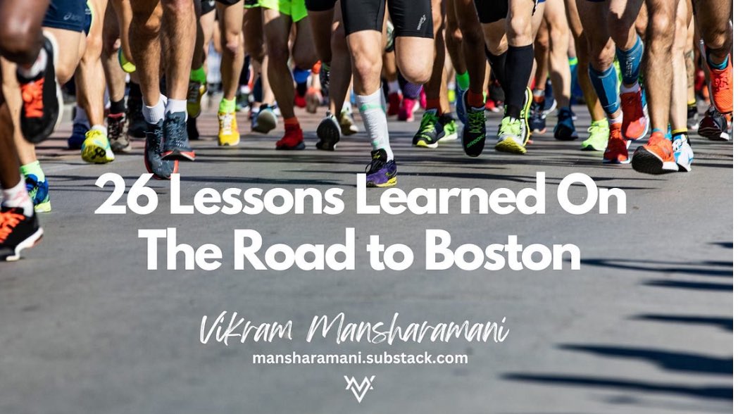 Good luck to everyone running the Boston Marathon today! 

8 years ago I successfully completed the 26.2 mile journey, and learned a lot on the road to Boston. <a href="/BAA/">Boston Athletic Association</a> 

My takeaways posted via below link. 

open.substack.com/pub/mansharama…