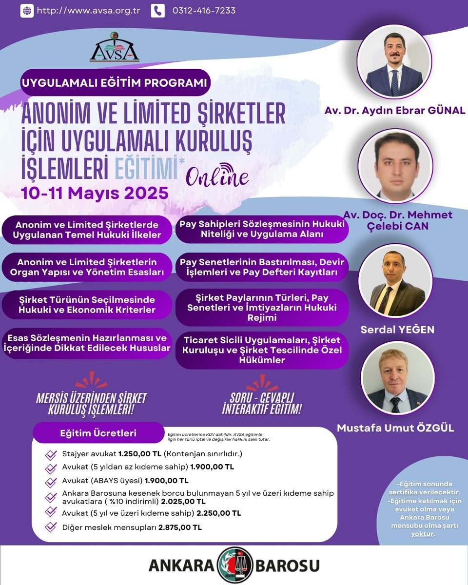 📢 #AVSA Ücretli Eğitim Programları Mayıs 202'in İlk Eğitini: ANONİM VE LİMİTED ŞİRKETLER İÇİN UYGULAMALI KURULUŞ EĞİTİMİ *| 10-11 Mayıs 2025 | 09:00 – 17:00 📷bit.ly/3G2vhzS
<a href="/ankarabarosu/">Ankara Barosu</a>
<a href="/muskoroglu/">Av. Mustafa Köroğlu</a>
<a href="/basaksonmez/">başak</a>