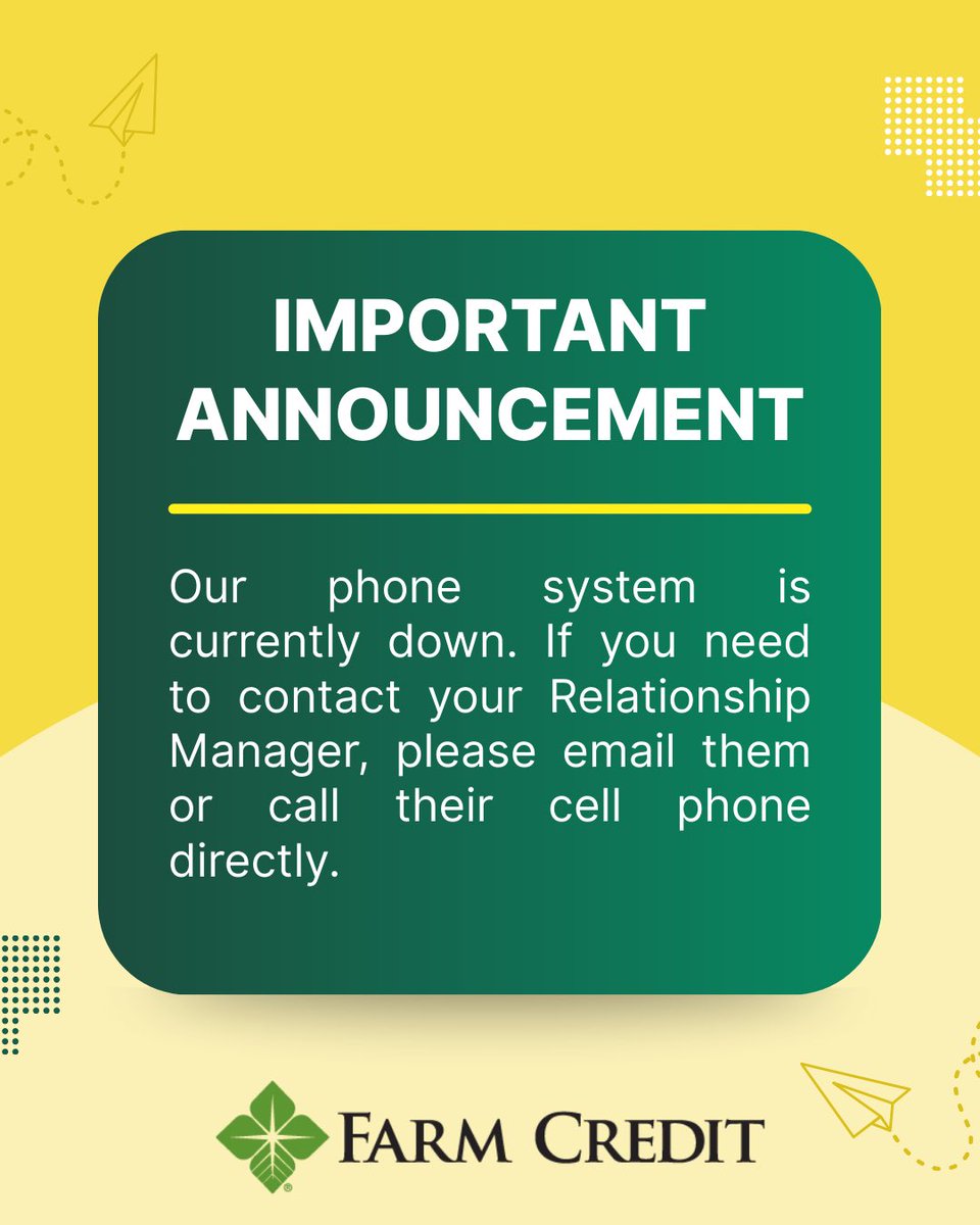 ColFarmCredit's tweet image. Our phones are currently down. Please email or call your Relationship Manager’s cell phone if you need assistance. We will update once the phone system is back up.