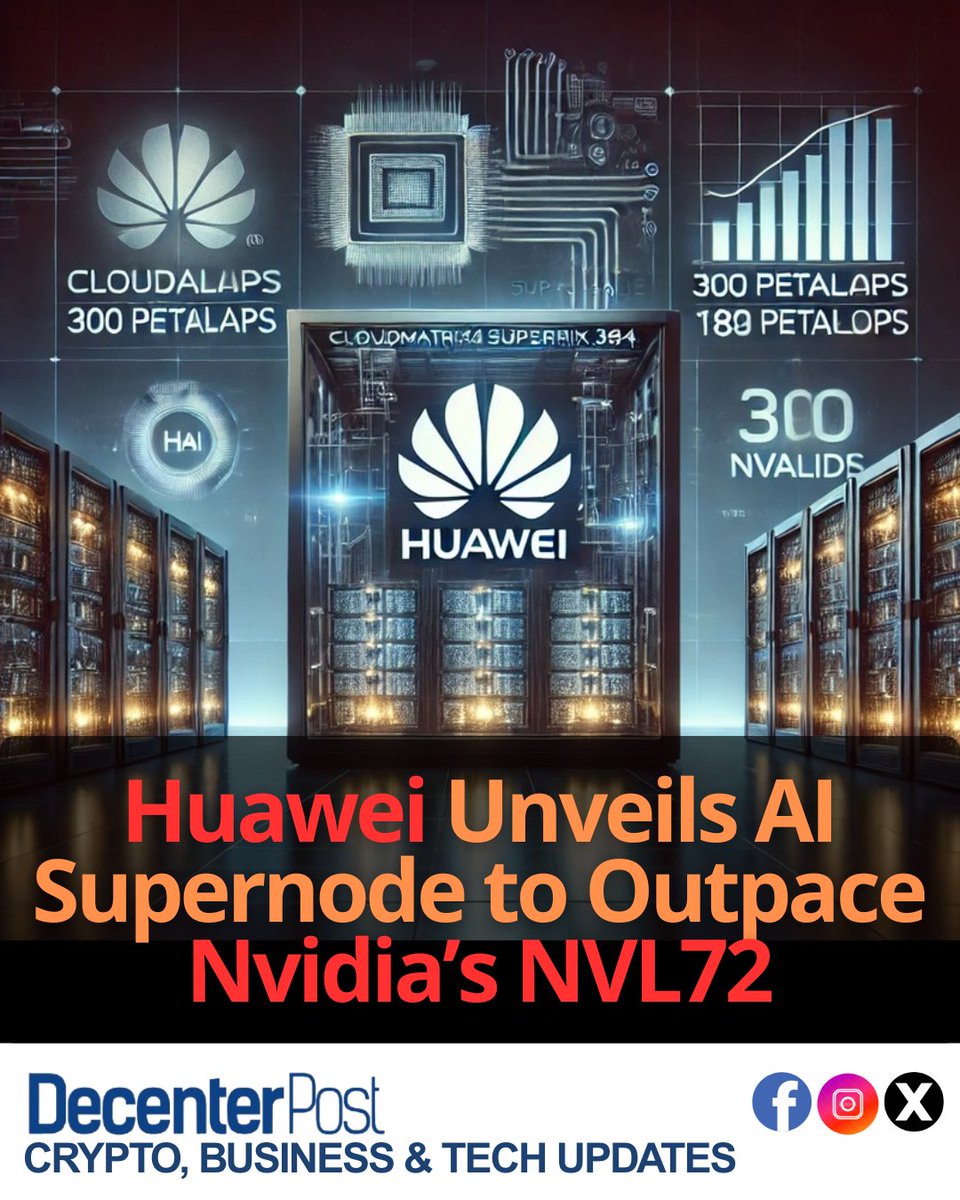 crixwire's tweet image. Huawei has launched its CloudMatrix 384 Supernode, a high-performance AI infrastructure boasting 300 petaflops of computing power surpassing Nvidia’s 180-petaflop NVL72 system.

#Huawei #AI #CloudMatrix384 #Nvidia #Supernode #AIComputing  #TechNews #AIvsNvidia #DataCenters
