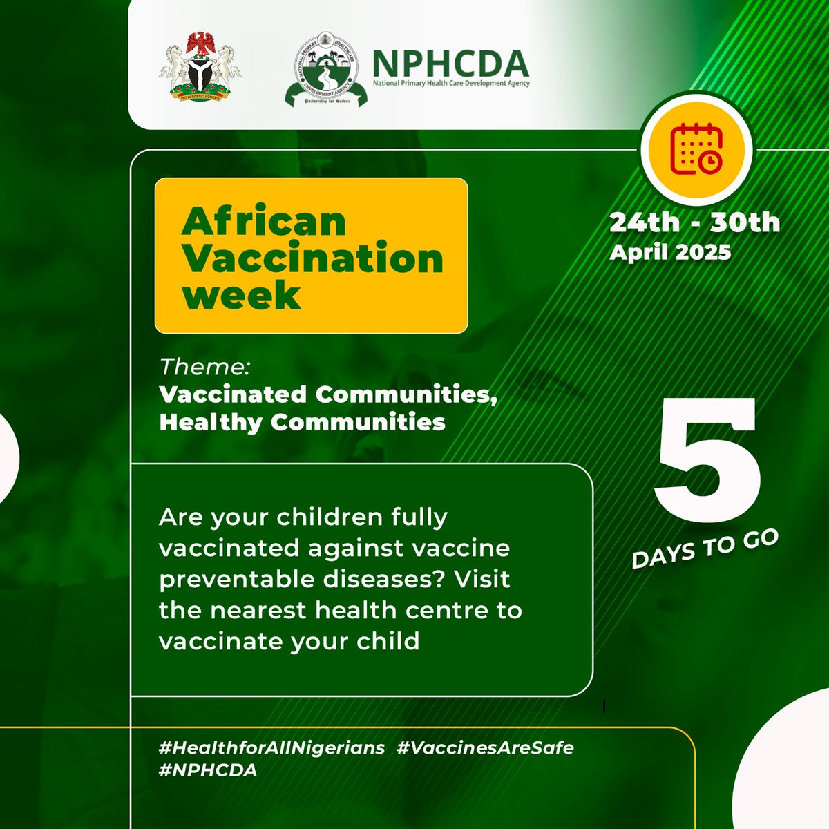 NphcdaNG's tweet photo. Are your children fully vaccinated against vaccine preventable diseases? Visit the nearest health centre to vaccinate your child
#AVW2025
#NPHCDA
#WHO
#UNICEFNigeria
#CCSI
#HealthforAllNigerians
@UNICEF_Nigeria https://t.co/CrMoo7BS9W