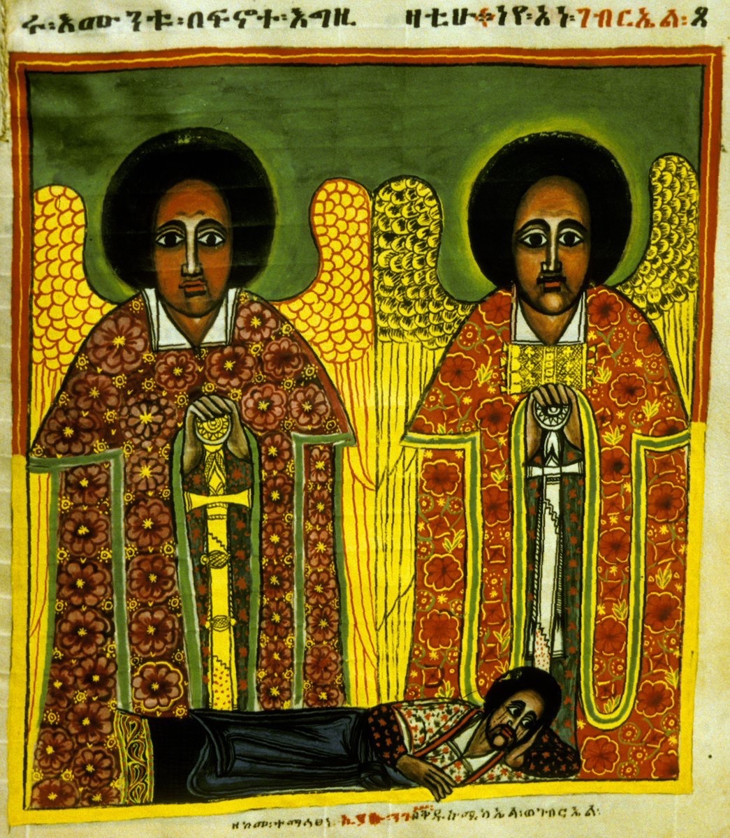ArtEthiopic's tweet photo. King Iyasu of Ethiopia (I or II?) gets to meet the archangels Michael and Gabriel and is moved to tears π₯²
Ethiopia, 18th c. #michael #gabriel #archangels #iyasu #africanking #africanart https://t.co/qlSpbWQgAt