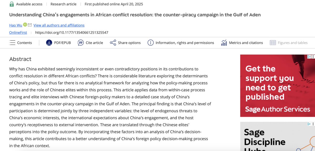 Chinese in Africa/Africans in China Research Ntwrk (@caac_network) on Twitter photo Understanding China’s engagements in African conflict resolution: the counter-piracy campaign in the Gulf of Aden by <a href="/PKU1898/">Peking University</a>'s Hao Wu in <a href="/EuroJournIR/">EJIR (European Journal of International Relations)</a> journals.sagepub.com/eprint/VBBZZSJ… Understanding China’s engagements in African conflict resolution: the counter-piracy campaign in the Gulf of Aden by <a href="/PKU1898/">Peking University</a>'s Hao Wu in <a href="/EuroJournIR/">EJIR (European Journal of International Relations)</a> journals.sagepub.com/eprint/VBBZZSJ…