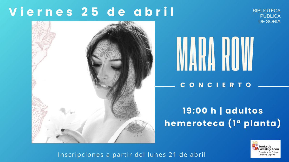 “Mara Row en concierto”
Hoy ha comenzado el plazo de inscripción para el concierto de @mara_row_music  que tendrá lugar el viernes 25 de abril a las 19:00 h. en nuestra Hemeroteca (1ª planta), para público adulto.
acortar.link/BdmepV