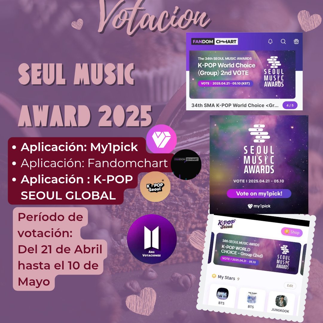 🗳|VOTACIÓN SEÚL MUSIC AWARDS 

Comenzó la 2da Ronda de votación en "Seúl MUSIC AWARDS", donde BTS y sus miembros se encuentran nominados 
La votación se realiza por 3 aplicaciones al mismo tiempo 
•My1pick 
•Fandomchart 
•K-POP SEOUL GLOBAL 
📅Finaliza el 10 de Mayo 12PM KST