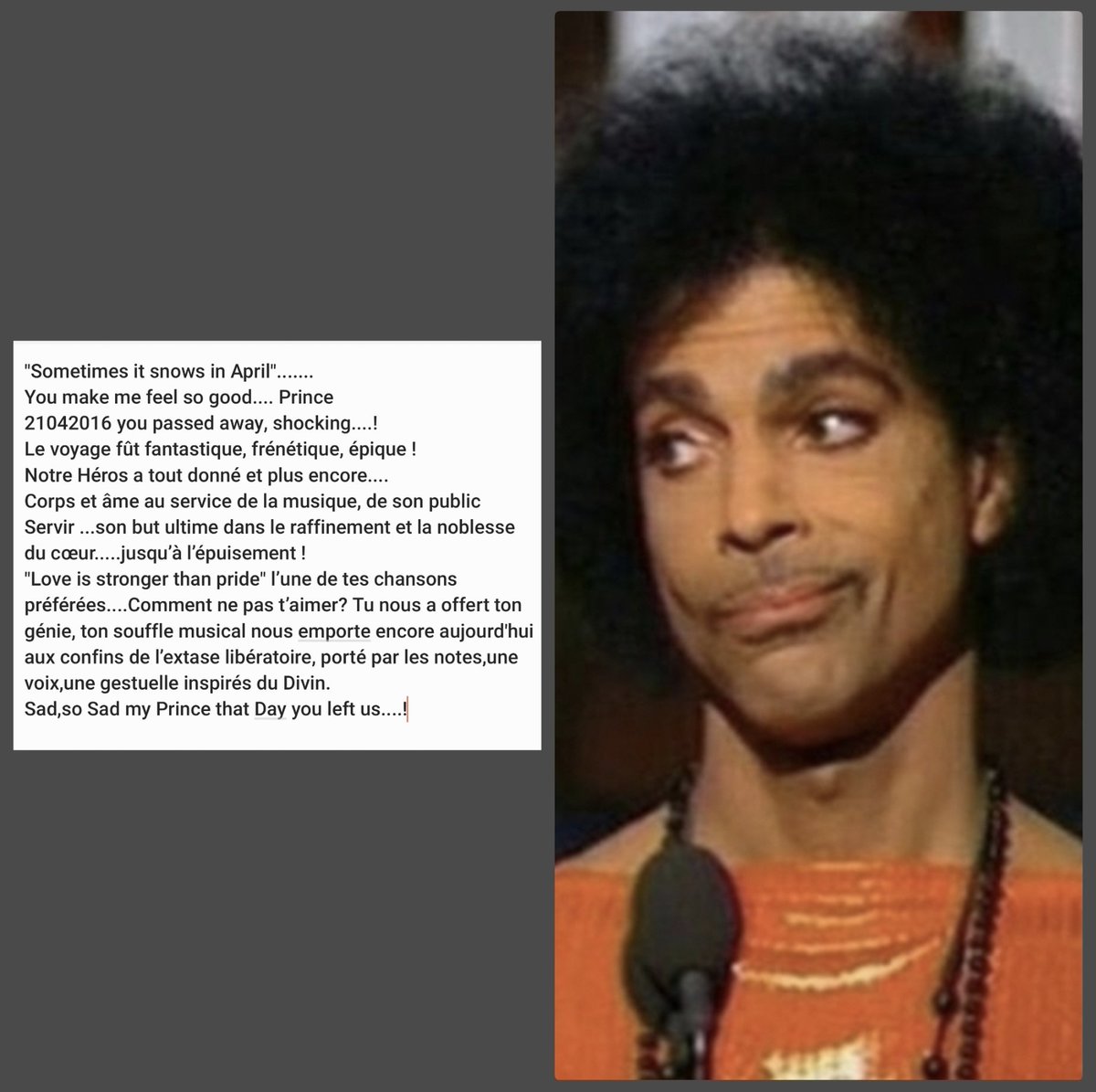 vander_pat's tweet photo. @JulieMcNamara13 CORPS ET ÂME.....UN SON ,UNE ODE À LA VIE,À L’AMOUR.....UN MESSAGER QUI SOIGNE , TOUCHÉ PAR LA GRÂCE ,UN "PRINCE" BÉNIT PAR DIEU,IRREMPLACABLE! KISS 💋💌💔 https://t.co/XatrSI2vtP