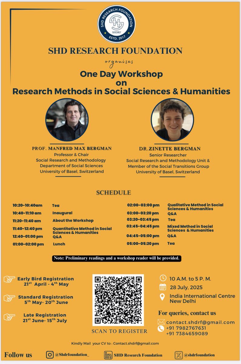 Join us to learn updated techniques on Research Methods in Social Sciences #ResearchWorkshop
#MixedMethods
#QuantitativeResearch
#QualitativeResearch
#HumanitiesWorkshop
#UniversityOfBasel
#SHDResearchFoundation
#ManfredMaxBergman
#ZinetteBergma 
#SocialScienceResearch