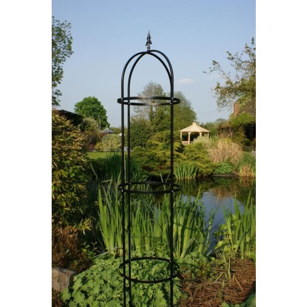 A Classic Obelisk is an ideal structure for climbing roses, wisteria or honeysuckle. Made from tubular solid steel with fleur-de-lis finials &amp; coated in a weather resistant durable black antique polyester paint.Available individually from £85 or set of three £235. Free delivery