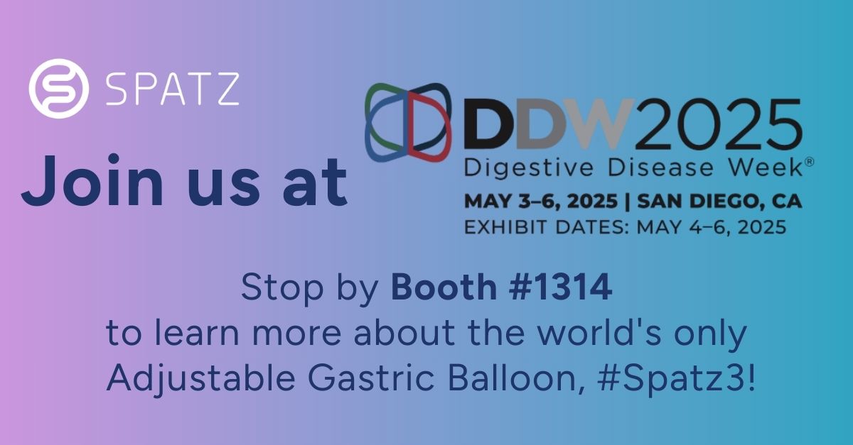 Spatz3Balloon's tweet photo. 2 weeks to go! 🎉 Meet the Spatz Medical team at #DDW2025 Booth #1314 and learn how the Spatz3 adjustable balloon supports long-term weight loss & patient-first care.
#Gastroenterology #Endobariatrics #Obesity #Spatz3 https://t.co/6bztJ3pnWS