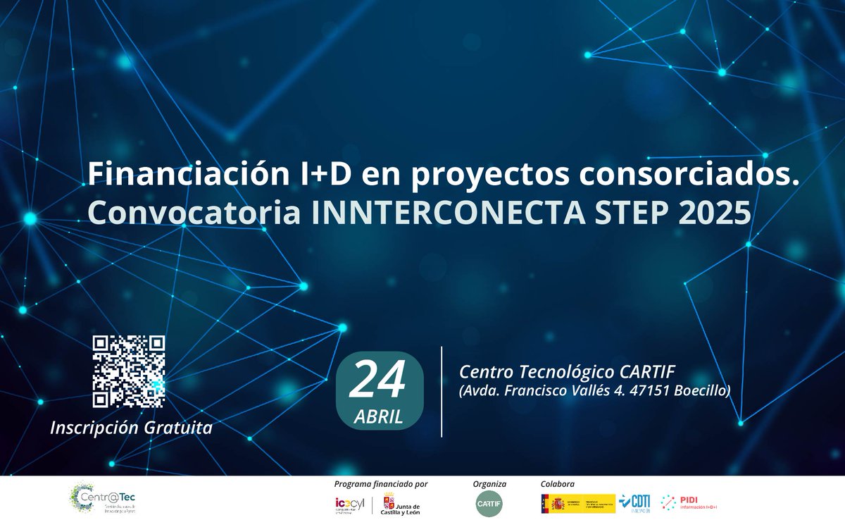 Este jueves #24abril acogemos en <a href="/CARTIFCT/">CARTIF</a> la jornada #CENTRATEC sobre financiación de proyectos de I+D consorciados de la convocatoria #INNTERCONECTASTEP2025 del <a href="/CienciaGob/">Ministerio de Ciencia, Innovación y Universidades</a> a través de <a href="/CDTI_innovacion/">@CDTI_innovacion</a> 

¿Te unes para conocer los detalles?
👉🏽Inscripción: cartif.es/centratec/inte…