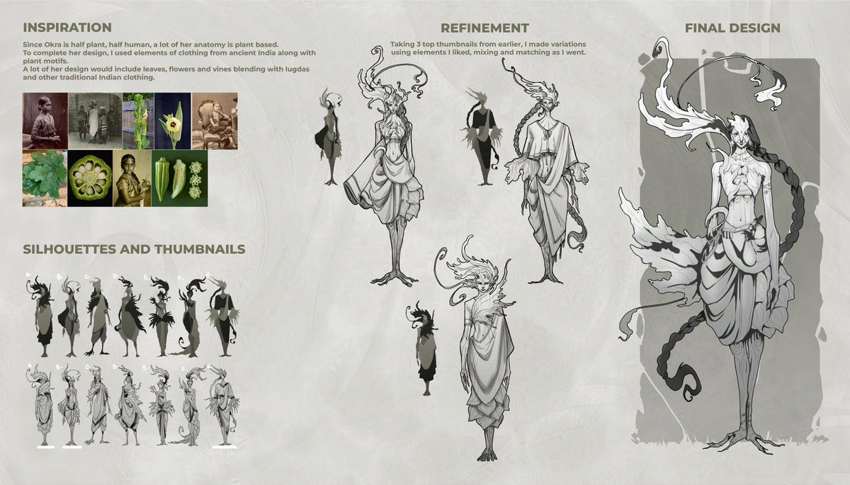 SameekshaHaste's tweet photo. Character from personal project, Okra-half human,half vegetable-is clever, crafty and brave and out to defeat Bhukka Baba, who has cursed the land and her people.
#conceptart #characterdesign #indianfantasy #indianmythology #designprocess #characterillustration #creaturecharacter https://t.co/SZcHrwMh2q