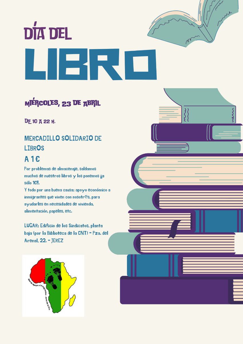 📗 Este miércoles la Red de Apoyo al Inmigrante de #Jerez <a href="/DimbaliRed/">Red Apoyo Inmigrantes Dimbali</a> organiza un Mercadillo Solidario de Libros, todos a 1 € para recaudar fondos con los que ayudar a chicos y chicas inmigrantes en sus necesidades como la de una vivienda donde dormir bajo techo. 

#DiaDelLibro