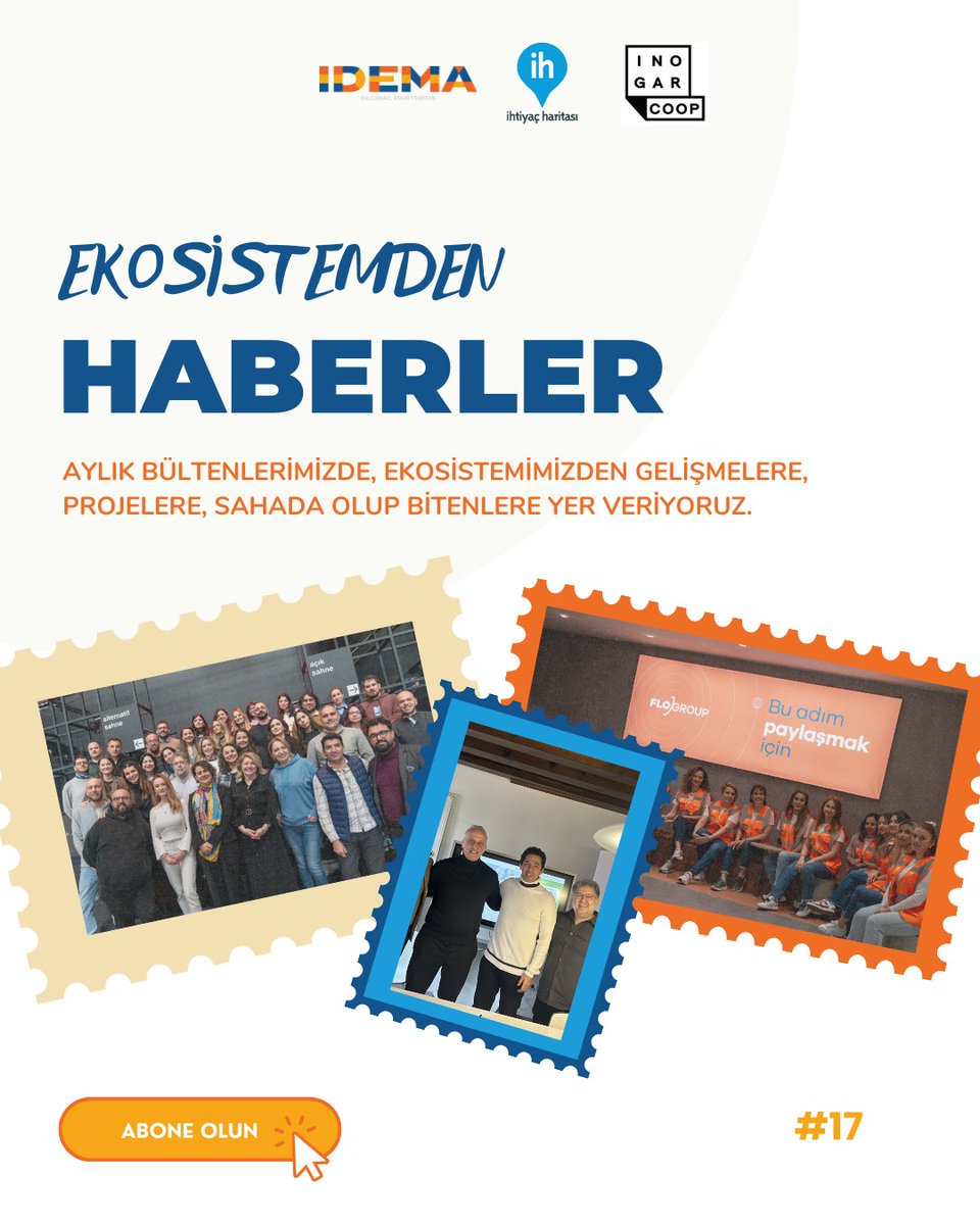 “Ekosistemden Haberler” bültenimizin on yedinci sayısı çıktı! 🗞️ 

Bu ayki sayımızda <a href="/idemaglobal/">IDEMA</a>, <a href="/ihtiyacharitasi/">İhtiyaç Haritası / NeedsMap.coop</a> ve
<a href="/inogarofficial/">INOGAR</a> olarak Mart ayından haber ve çalışmalarımıza yer veriyoruz: 
linkedin.com/pulse/ekosiste…
