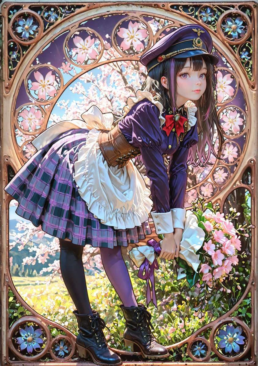 【幻影少女｜第02章：桜環の旅装
（オウカンノリョソウ）】

今朝、アトリエの花窓を抜けて、  
一人の少女が春風のように現れました。

軍帽を戴き、両手には小さな花束。  
その姿は、遠い旅路の記憶を纏っているようでした。

この少女に、ふさわしい“名”を与えてくれる方はいますか？

──