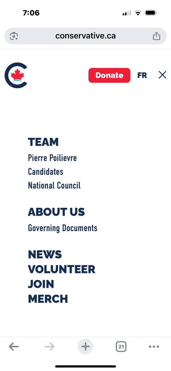 ItsDeanBlundell's tweet photo. Poilievre is hoping to win without publishing a platform. Nothing. Zero. Just links to give him money and buy merch. 
Exactly like Trump. Exactly like MAGA. 
If it wasn’t so fucking insulting it would be funny. https://t.co/SnXaqL6Sze