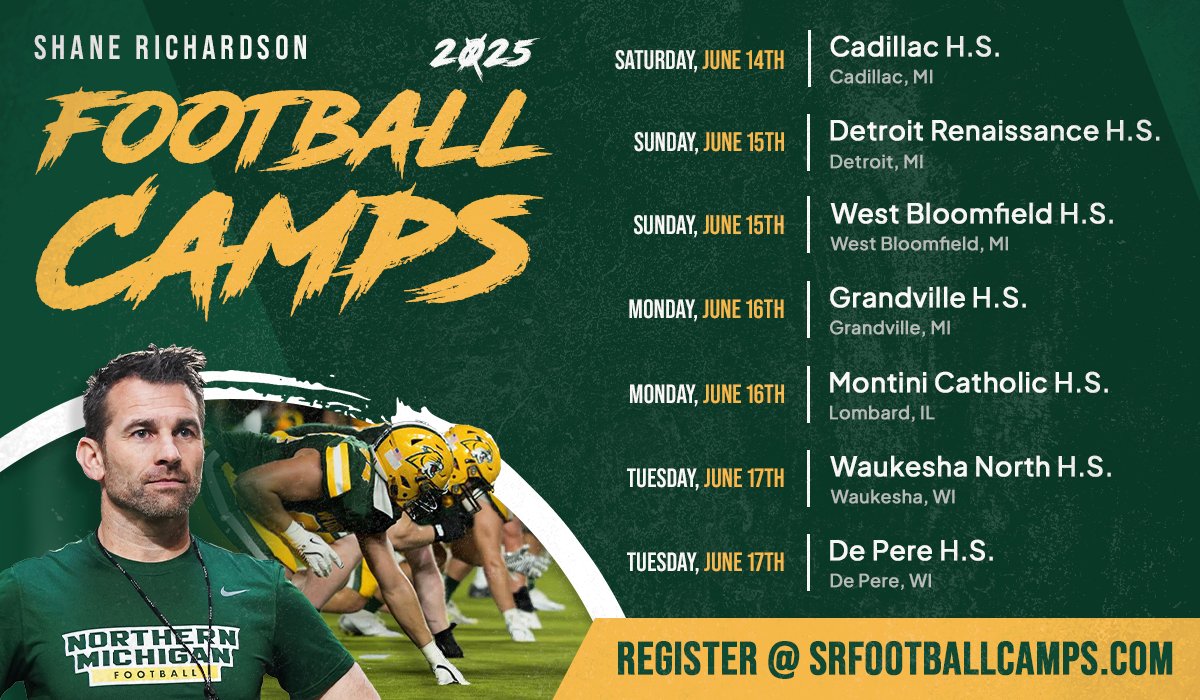 Shane Richardson (@nmu_coachrich) on Twitter photo ๐จ ๐จ Camp-Season is coming!! <a href="/NMU_Football/">NMU Football</a> Satellite Camps hitting the road in June. Looking forward to seeing you there!!
Register at:
srfootballcamps.com
๐ ๐ ๐ฅ ๐ฏ ๐จ ๐จ Camp-Season is coming!! <a href="/NMU_Football/">NMU Football</a> Satellite Camps hitting the road in June. Looking forward to seeing you there!!
Register at:
srfootballcamps.com
๐ ๐ ๐ฅ ๐ฏ