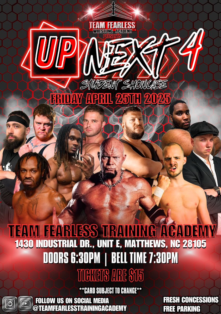 THIS Friday night, the #TeamFearlessTrainingAcademy brings you #UpNext4! 

Come see the young’s stars from TFTA wrestle some of the best talent in the Carolinas today! Tickets must be reserved in advance, due to limited seating there will be no tix available at the door!
