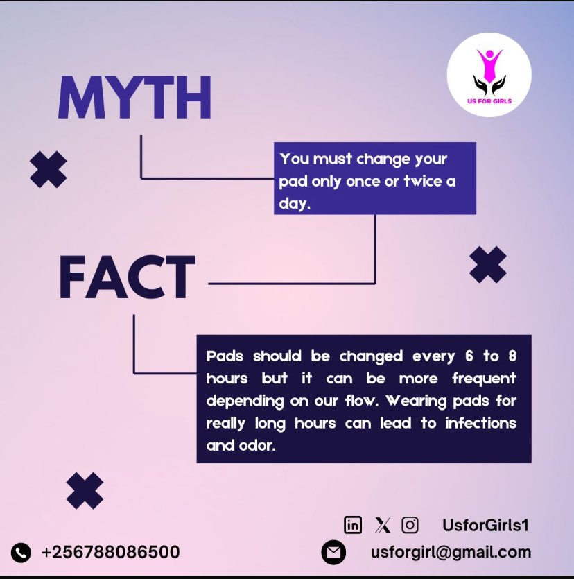 #MenstrualMonday
Menstrual pads should be changed every 6 to 8 hours but they can be changed more frequently depending on one’s flow. Changing pads frequently helps to prevent leakages, infections and odor. #EndPeriodStigma #MenstrualHealthMatters