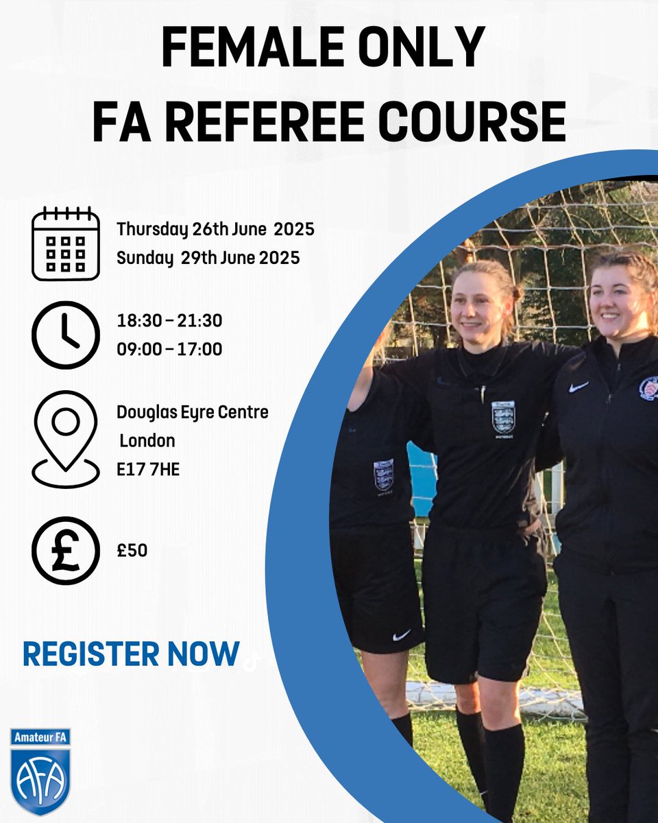 The <a href="/AmateurFA/">Amateur FA ⚽️</a> is hosting a discounted Female FA Referee Course to get more women involved in the game⚽️

Book your place now!

🗓️ 26 &amp; 29 June 2025
📌 Douglas Eyre, E17 7HE
💷 £50

Register: bookwhen.com/amateur-fa-cou…
