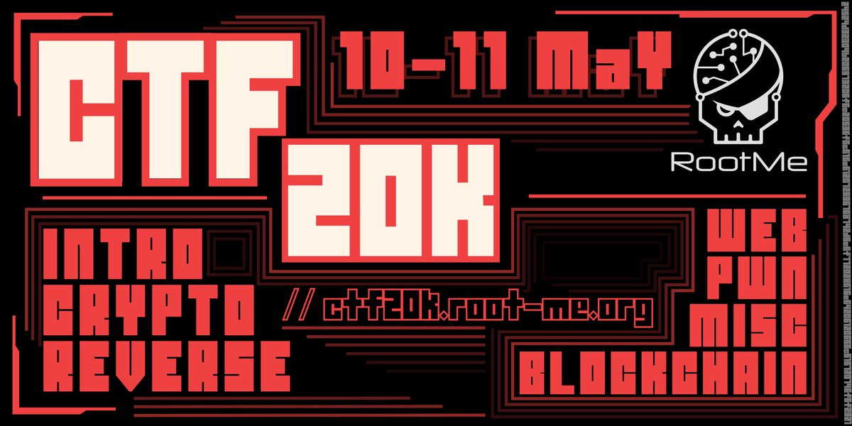 Enjoyed CTF10K? We’re back.

🎯 #CTF20K – After the success of CTF10K, we're doing it again: the ultimate solo challenge, open to all skill levels, to celebrate Root-Me hitting 20K Discord members!

📅 May 10, 10:00 CEST – May 11, 23:59 CEST

💻 Pwn, Crypto, Web, Reverse, Misc…
