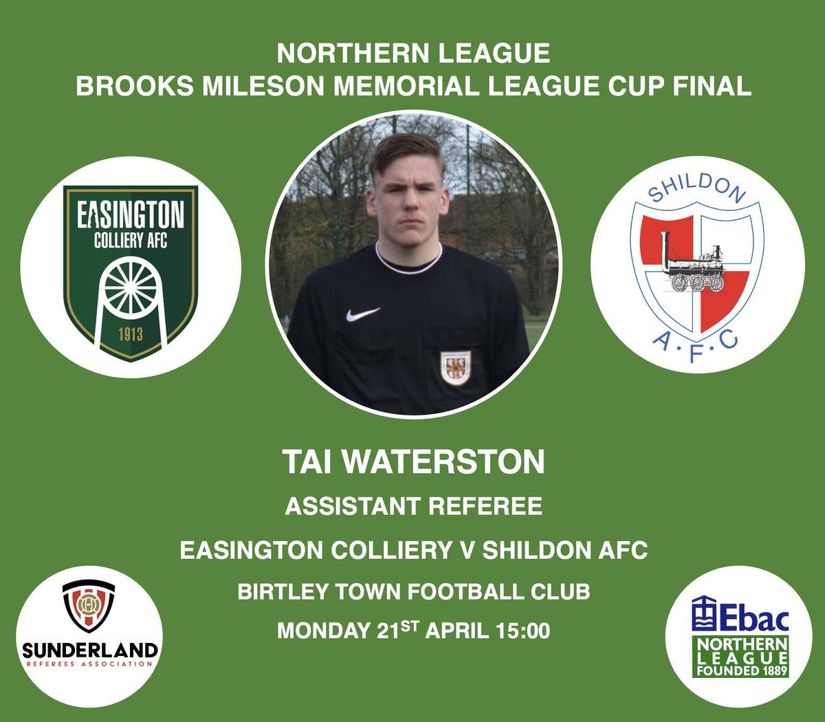 Good luck to Sunderland RA’s Tai Waterston who is Assistant Referee for the Northern League Cup Final today at Birtley Town between Easington Colliery and Shildon AFC 🏆