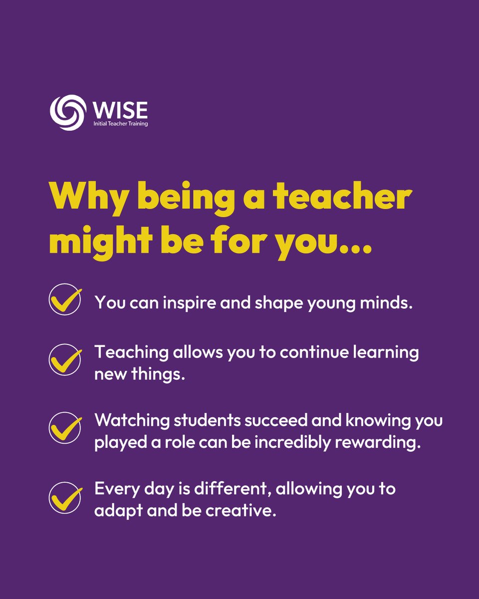 Teaching is more than just a job - it's an opportunity to inspire, learn and make a difference every single day. Ready to shape young minds? 🙌

Learn more about us:
wiseacademies.co.uk/wise-itt/

#trainwithWISEITT #educationalexcellence
