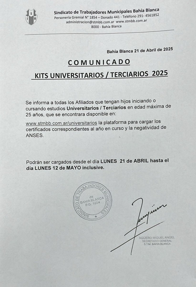 📚 KITS UNIVERSITARIOS / TERCIARIOS 2025

Se informa a todas los Afiliados que tengan hijos iniciando o cursando estudios Universitarios / Terciarios en edad máxima de 25 años, que se encontrara disponible en:

👉 stmbb.com.ar/universitarios el sitio para cargar los certificados