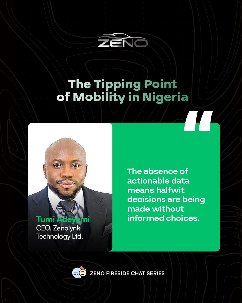 “The absence of actionable data means halfwit decisions are being made without informed choices.” 

— Tumi Adeyemi, CEO, Zenolynk Technology Ltd.
<a href="/skryptz09/">Tumi Adeyemi</a> 

Insight from the #ZenoFiresideChat on the future of mobility in Nigeria.

#Mobility #FutureOfTransport