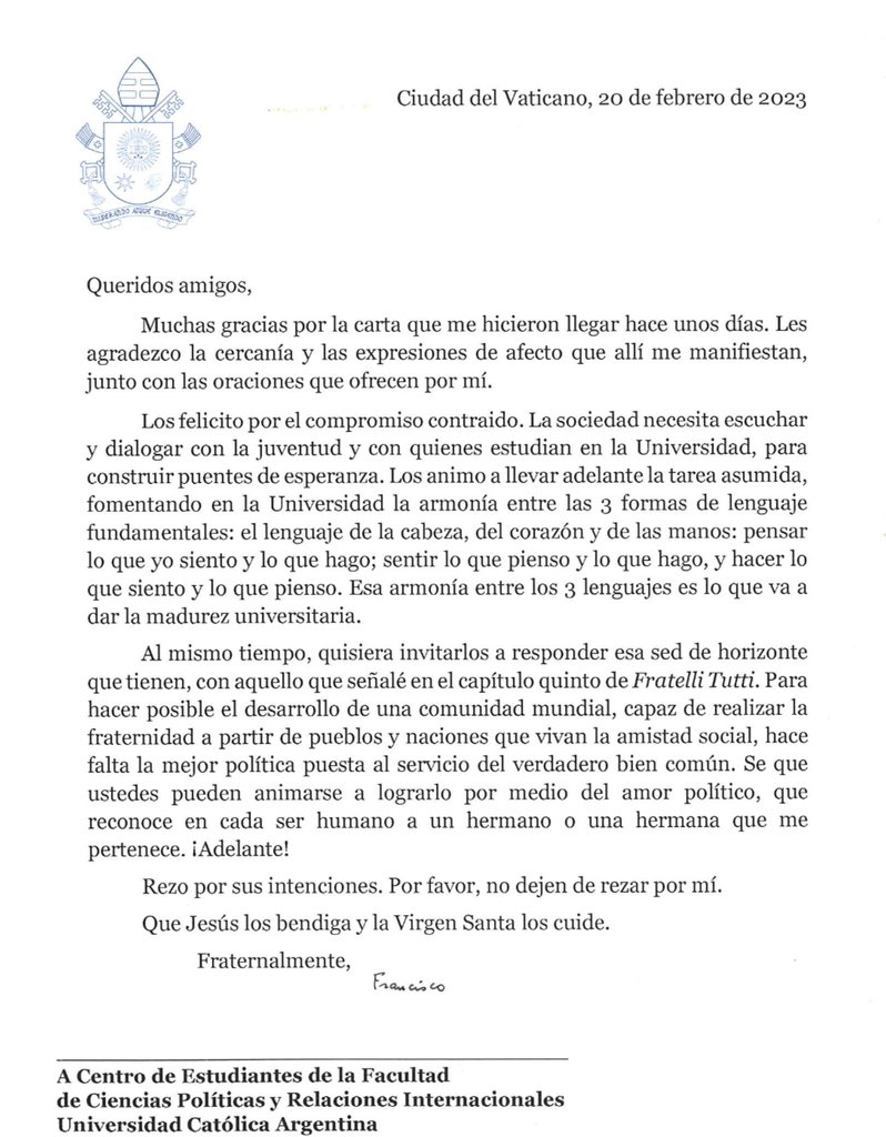 Valentín (@valenolavarria_) on Twitter photo 2023: 10 años de pontificado, 50 años del CECPRI. Recién asumidos en la gestión del <a href="/UcaCecpri/">CECPRI UCA</a>… Le escribimos al Papa, nos escribió.
Los invito a leer. Un mensaje para jóvenes, políticos, universitarios. Gracias, Francisco I. 2023: 10 años de pontificado, 50 años del CECPRI. Recién asumidos en la gestión del <a href="/UcaCecpri/">CECPRI UCA</a>… Le escribimos al Papa, nos escribió.
Los invito a leer. Un mensaje para jóvenes, políticos, universitarios. Gracias, Francisco I.