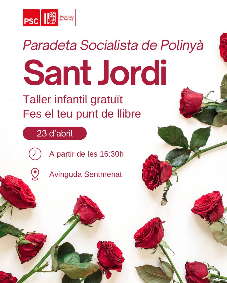 🌹Vine a celebrar #SantJordi amb nosaltres!

La Paradeta Socialista de Polinyà t’espera el 23 d’abril a partir de les 16:30h a l’Avinguda Sentmenat!

👉Hi haurà un taller infantil gratuït on els més petits podran fer el seu propi punt de llibre.

T’ho perdràs?

#Polinyà #PSC