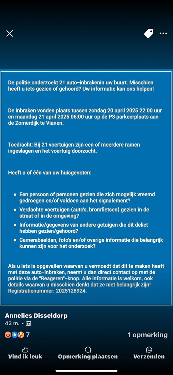Inbraak in meer dan 20 auto's op parkeerplaats P3 Zomerdijk, Vianen