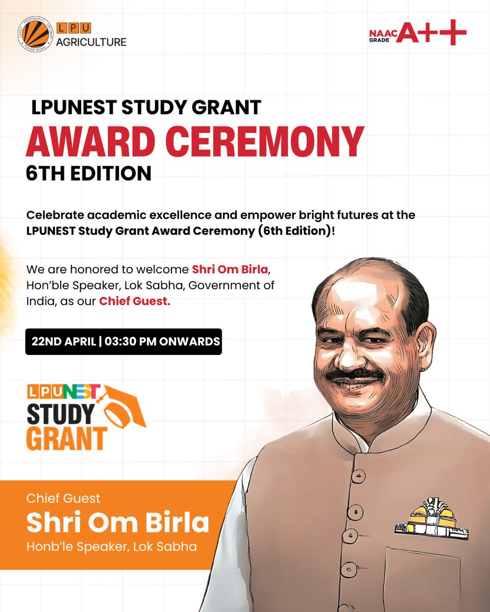 LPUAgriculture's tweet image. Join us as we celebrate academic excellence at the LPUNEST Study Grant Award Ceremony, 6th Edition. Honored to host Shri Om Birla, Hon’ble Speaker, Lok Sabha, as the Chief Guest.
📅 22nd April | 🕞 03:30 PM onwards

#LPUNEST #StudyGrant #AwardCeremony #LPU #StudentSuccess