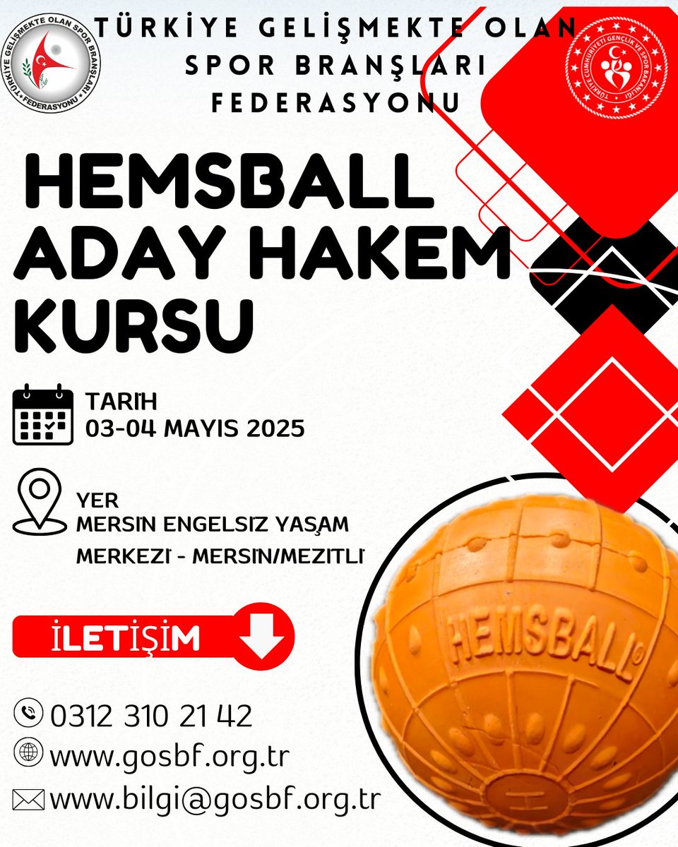 03-04 Mayıs 2025 tarihlerinde Mersin ilinde Hemsball Aday Hakem Kursu gerçekleştirilecektir.

Kursa ilişkin detaylara resmi web adresimiz üzerinden ulaşabilirsiniz. 

<a href="/OA_BAK/">Dr. Osman Aşkın Bak</a> 
<a href="/hamzayerlikaya/">Hamza Yerlikaya 🇹🇷</a> 
<a href="/fjuysal/">Fatih UYSAL</a> 
<a href="/gencliksporbak/">Gençlik ve Spor Bakanlığı 🇹🇷</a> 
 <a href="/GSBsporgm/">Spor Hizmetleri Genel Müdürlüğü</a>