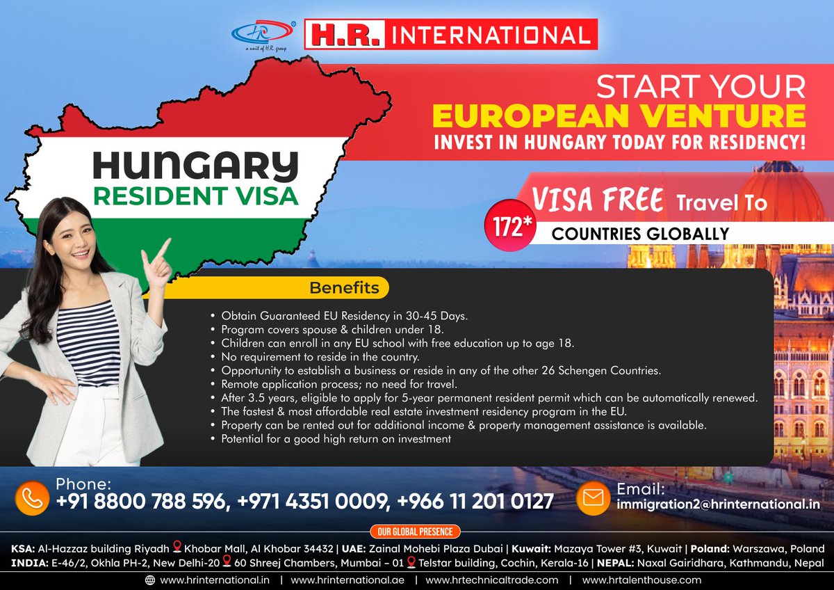 hrinewdelhi's tweet photo. 🇭🇺 Want to live or do business in Europe?
Get Hungary EU Residency in just 30–45 days with H.R. International!
✅ Includes family | 💼 Ideal for entrepreneurs
📞 +971 56 996 1521
#HungaryVisa #EUResidency #HRInternational #MoveToEurope https://t.co/ADpJpv8rVO